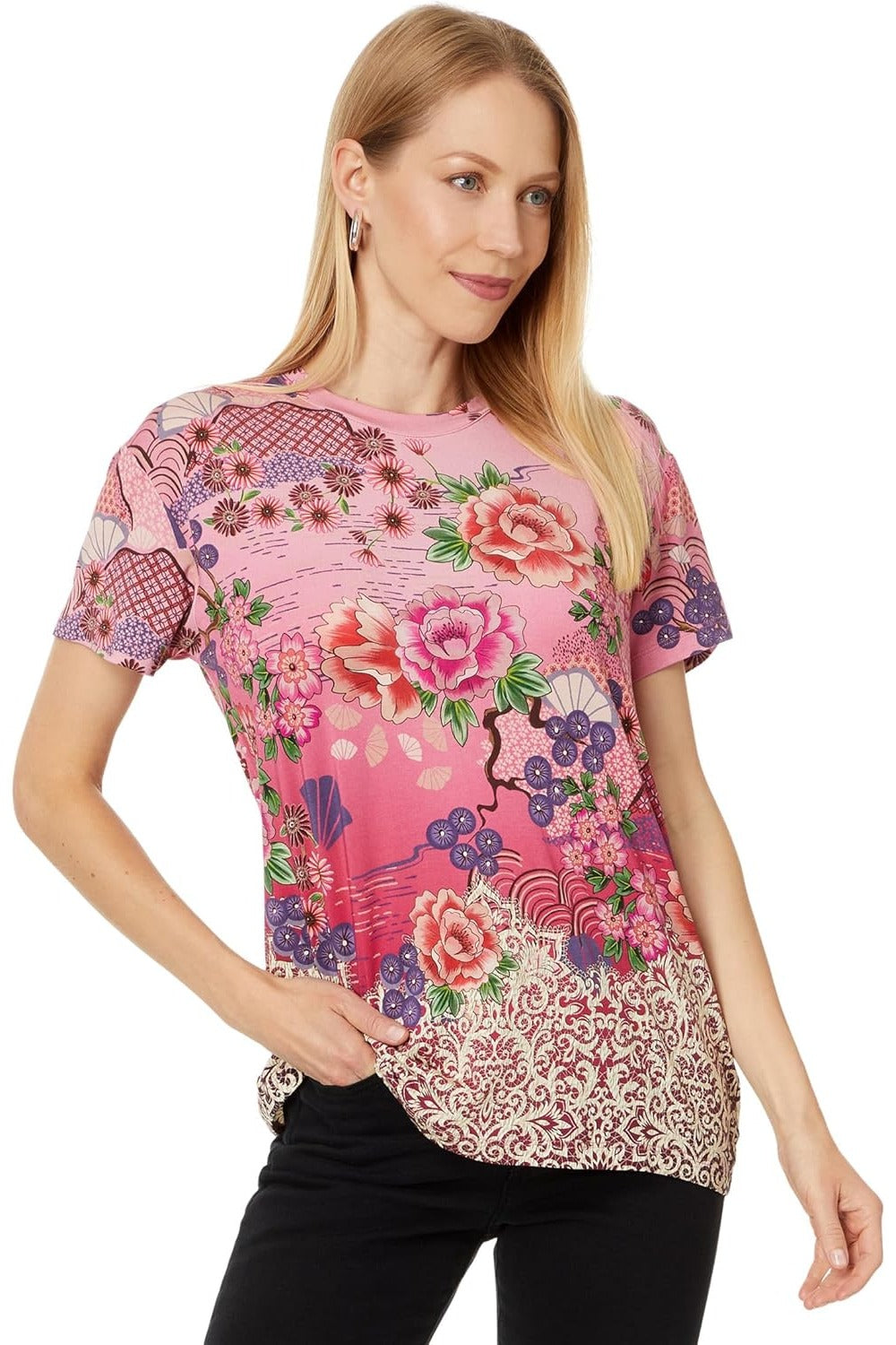 Johnny Was Women's Loose Fit Tee-Pink Lace Short Sleeve T-Shirt Multicolor