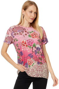Johnny Was Women's Loose Fit Tee-Pink Lace Short Sleeve T-Shirt Multicolor