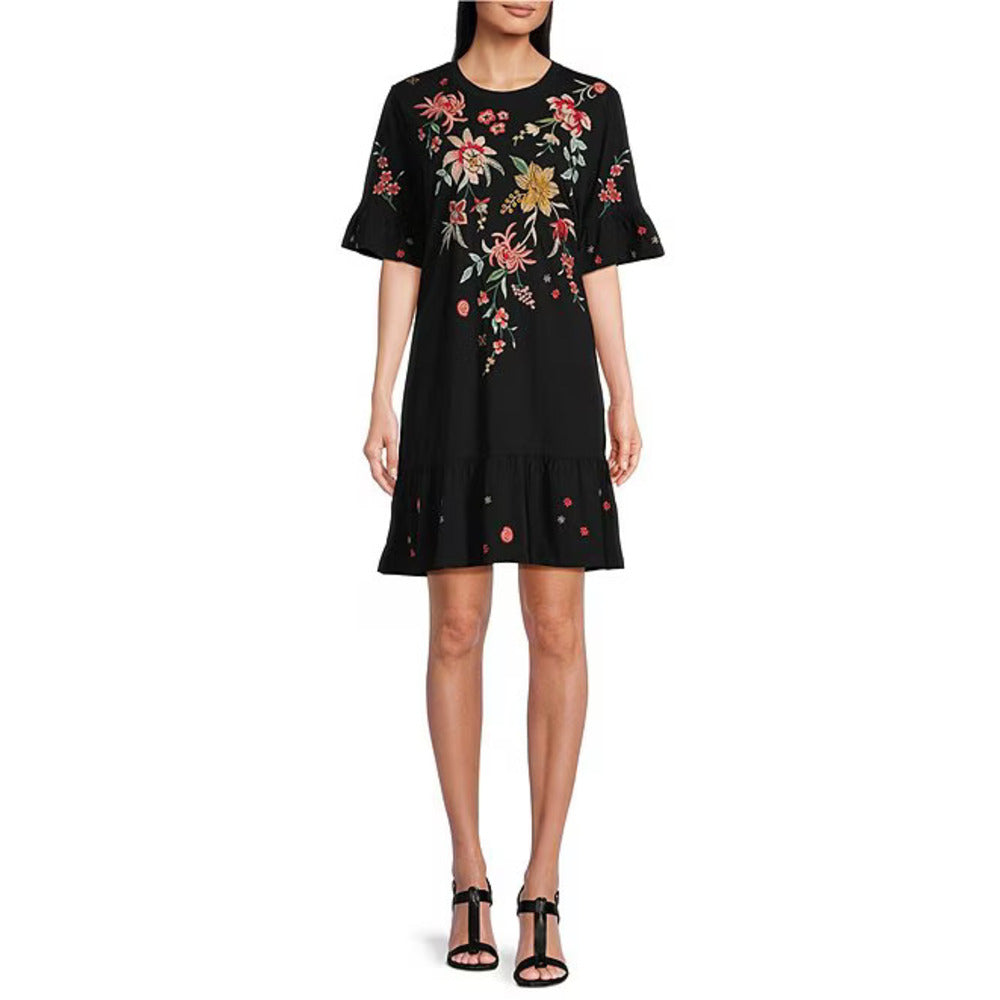 Jonny Was Women's Andrean Placement Floral Embroidery Knit Jersey Round Neck Short Sleeve Shift Dress XS Black