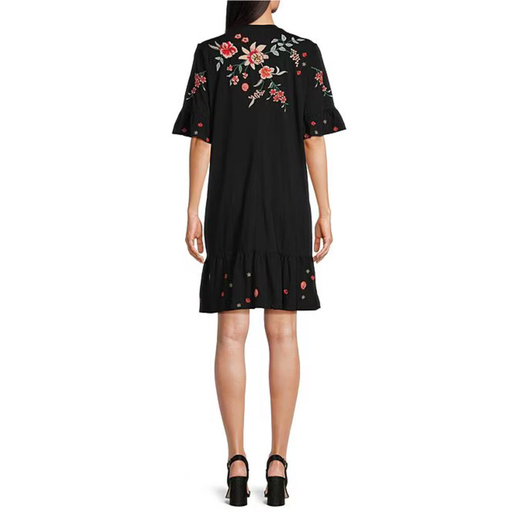 Jonny Was Women's Andrean Placement Floral Embroidery Knit Jersey Round Neck Short Sleeve Shift Dress