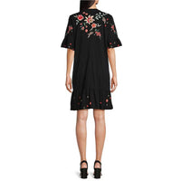 Jonny Was Women's Andrean Placement Floral Embroidery Knit Jersey Round Neck Short Sleeve Shift Dress