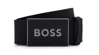 Hugo Boss Men's Icon Silver Logo Plaque Leather Belt, Black Black
