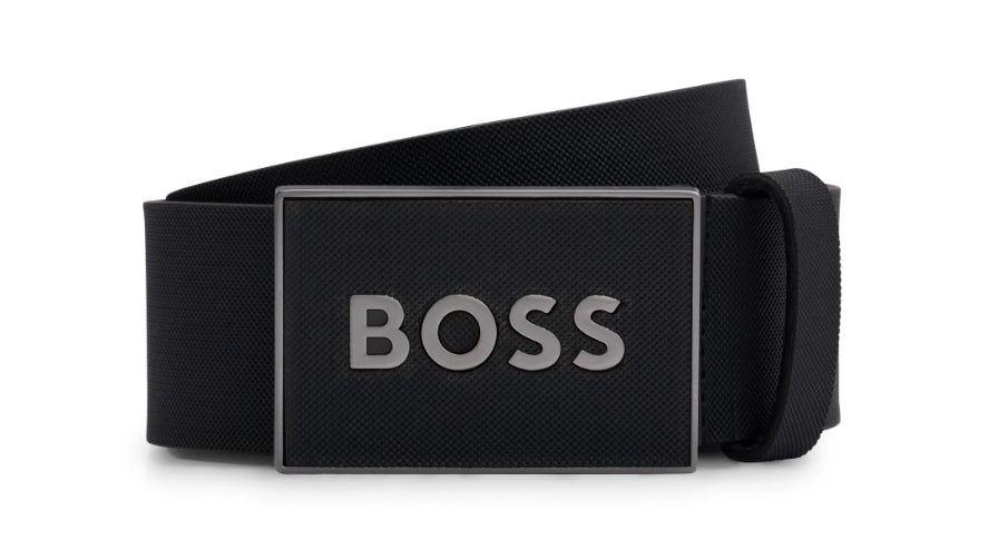 Hugo Boss Men's Icon Silver Logo Plaque Leather Belt, Black Black