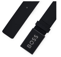 Hugo Boss Men's Icon Silver Logo Plaque Leather Belt, Black