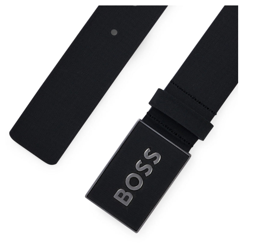 Hugo Boss Men's Icon Silver Logo Plaque Leather Belt, Black