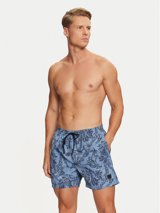 Hugo Boss Men's Reel Swim Trunks, Light Blue Palm Leaf Light Blue Palm Leaf