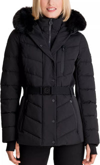 Michael Michael Kors Women's Faux Fur Belted Scuba Coat, Black, L1