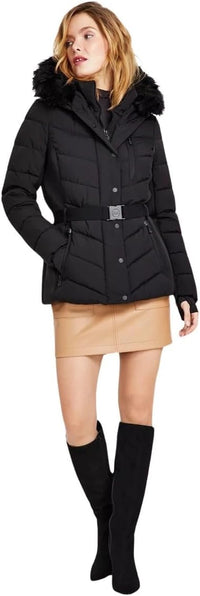 Michael Michael Kors Women's Faux Fur Belted Scuba Coat, Black, L2