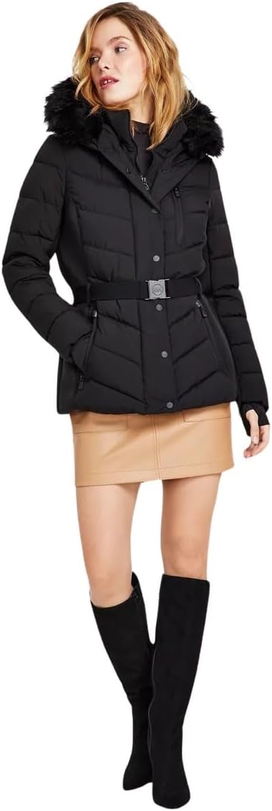 Michael Michael Kors Women's Faux Fur Belted Scuba Coat, Black, L2