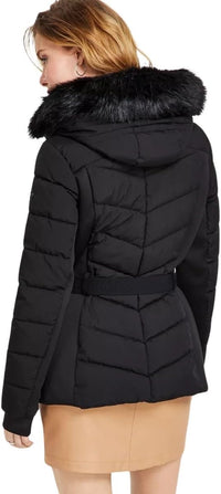 Michael Michael Kors Women's Faux Fur Belted Scuba Coat, Black, L3