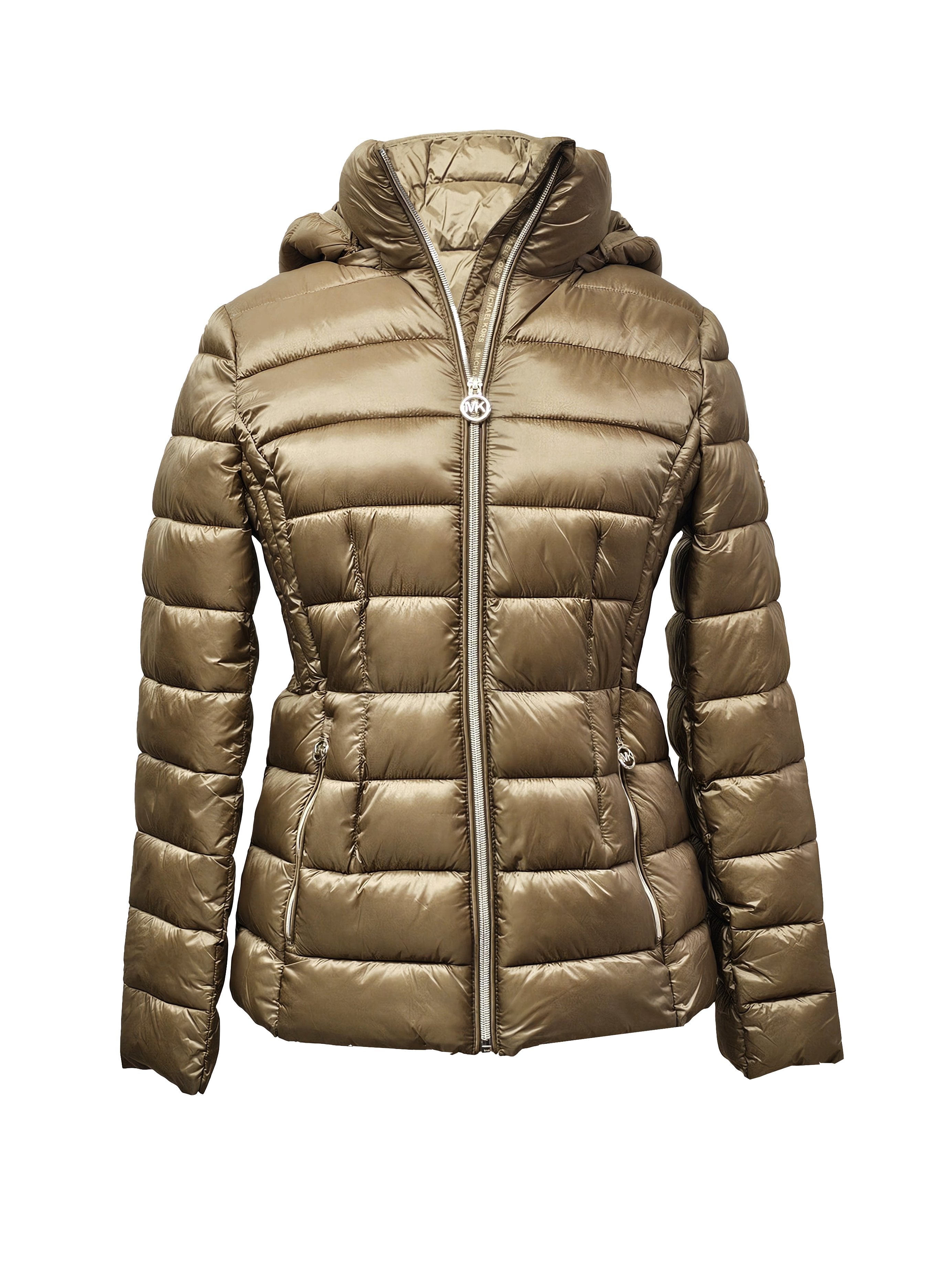 Michael Michael Kors Women's Hooded Packable Jacket, Dark Camel, L Dark Camel