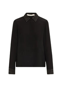 alice + olivia Willa Oversized Button Down Shirt with Grommet Detail, Black, L XS Black