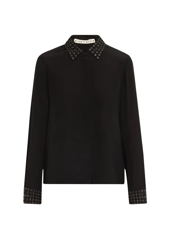 alice + olivia Willa Oversized Button Down Shirt with Grommet Detail, Black, L XS Black