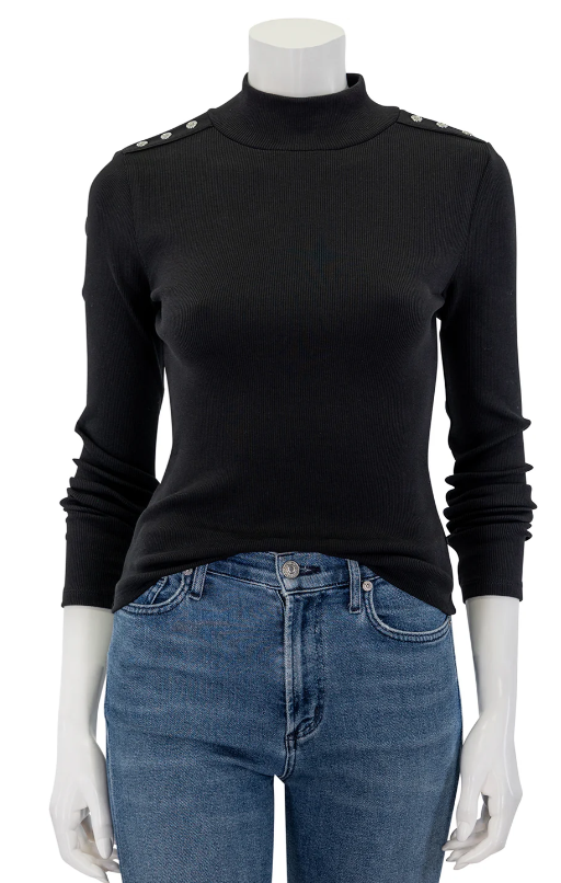 Veronica Beard Women's Nate Turtleneck Top w/Buttons, Black, L