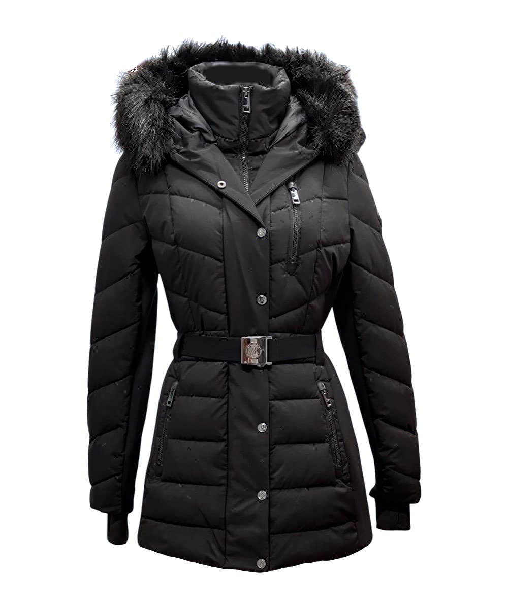 Michael Michael Kors Women's Belted Chevron Scuba Stretch Quilted Coat, Black Black