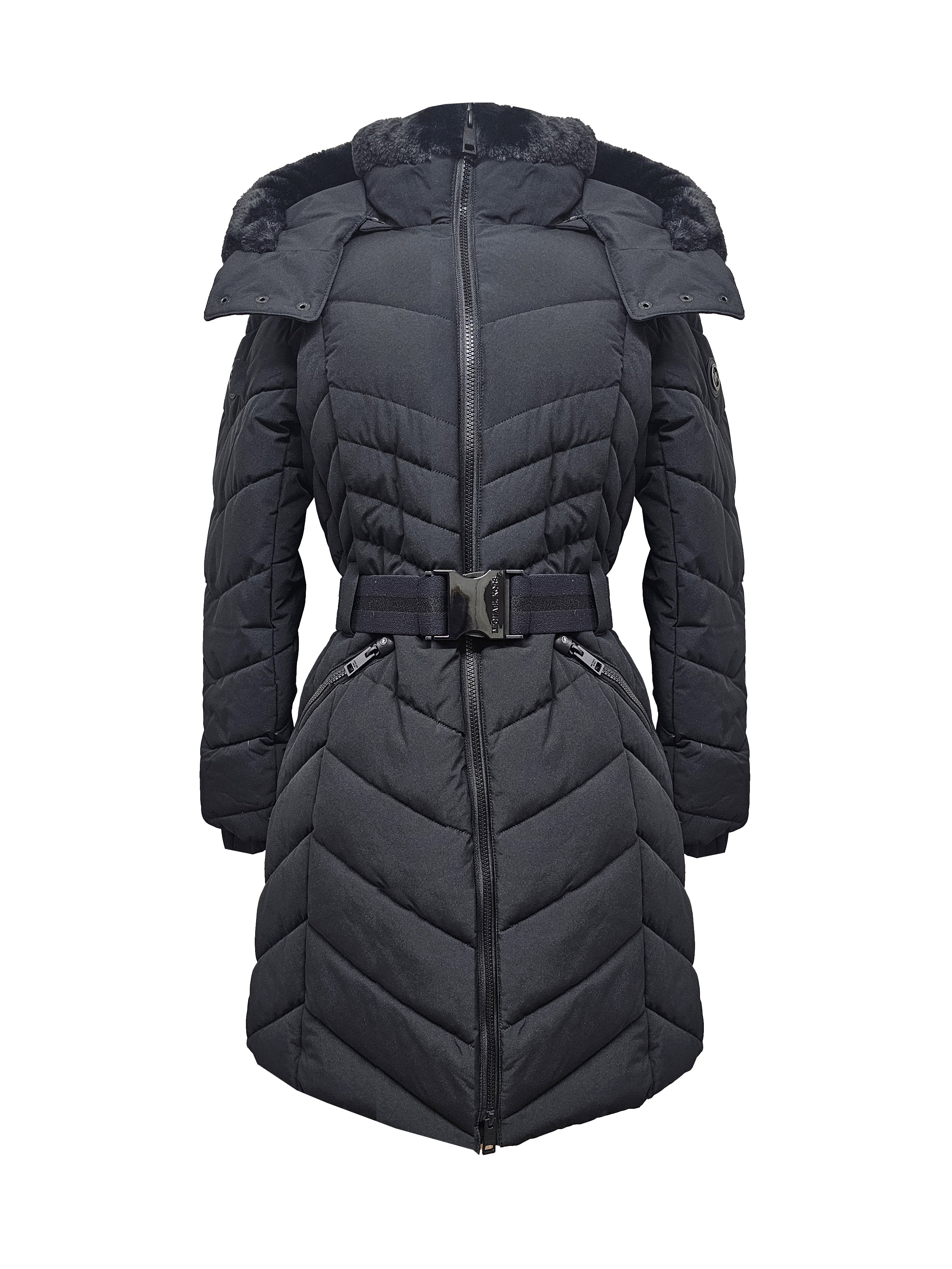 Michael Michael Kors Women's Chevron 3/4 Belted Scuba Coat, Black Black
