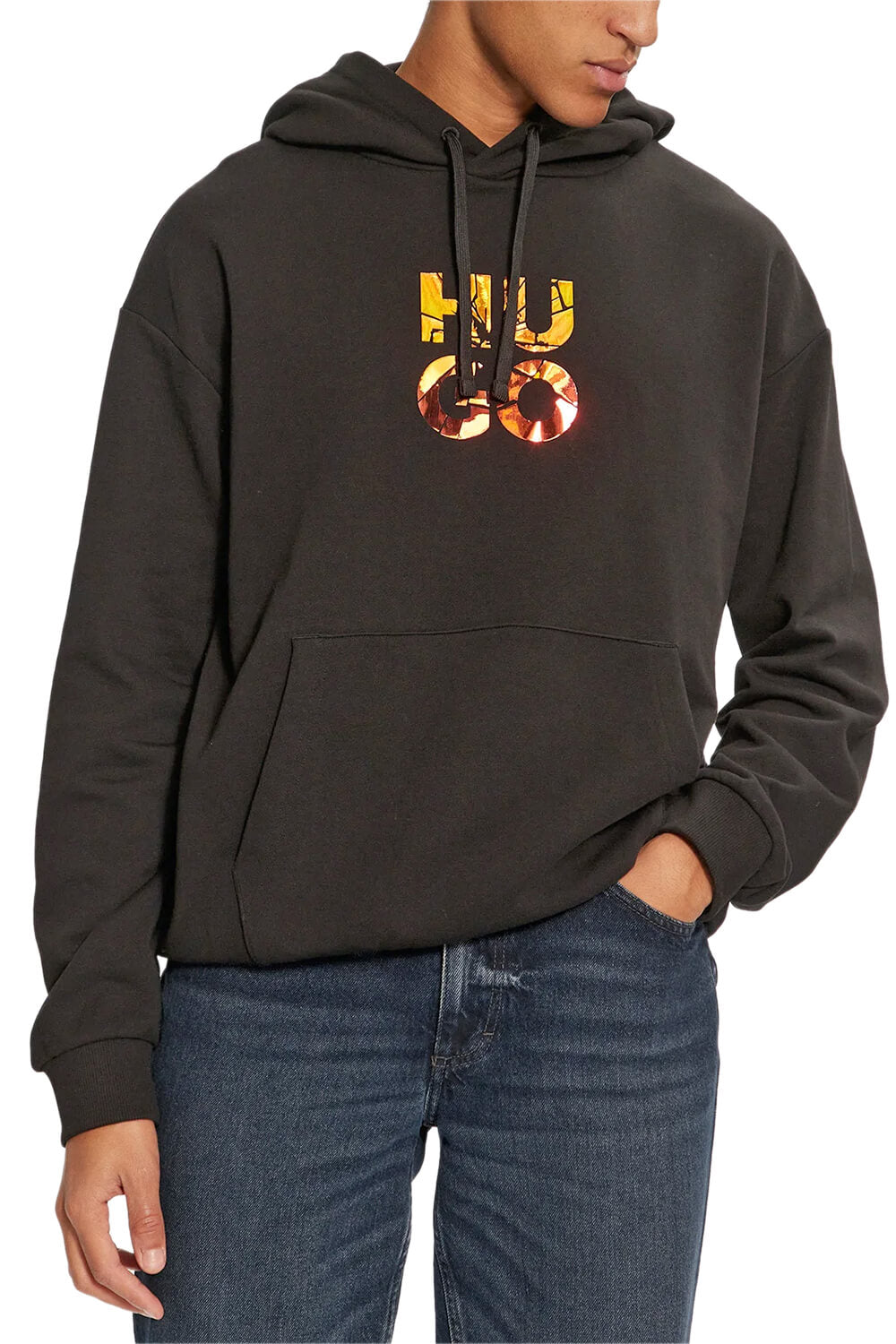 Hugo Men's Diridood Square Foil Logo Sweatshirt, Black Black