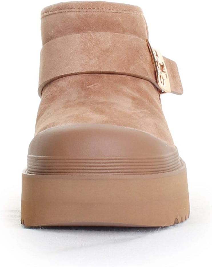Tory Burch Women's Mellow Shearling Platform Boot, Light Chestnut/Gold