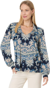 Johnny Was Women's The Janie Favorite Puff Sleeve Polo, Roman Paisey Scarf Print Top Multicolor