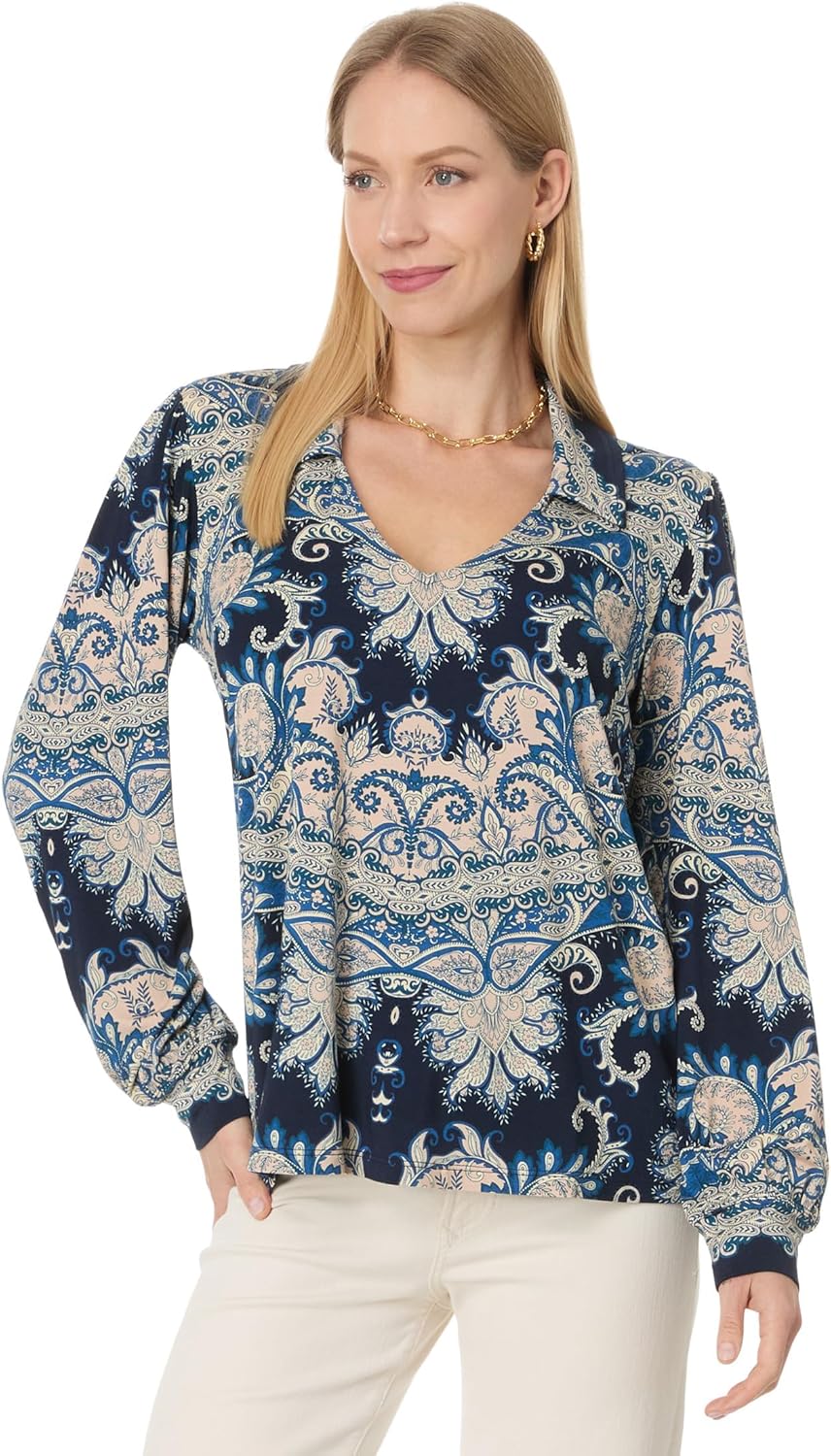 Johnny Was Women's The Janie Favorite Puff Sleeve Polo, Roman Paisey Scarf Print Top Multicolor