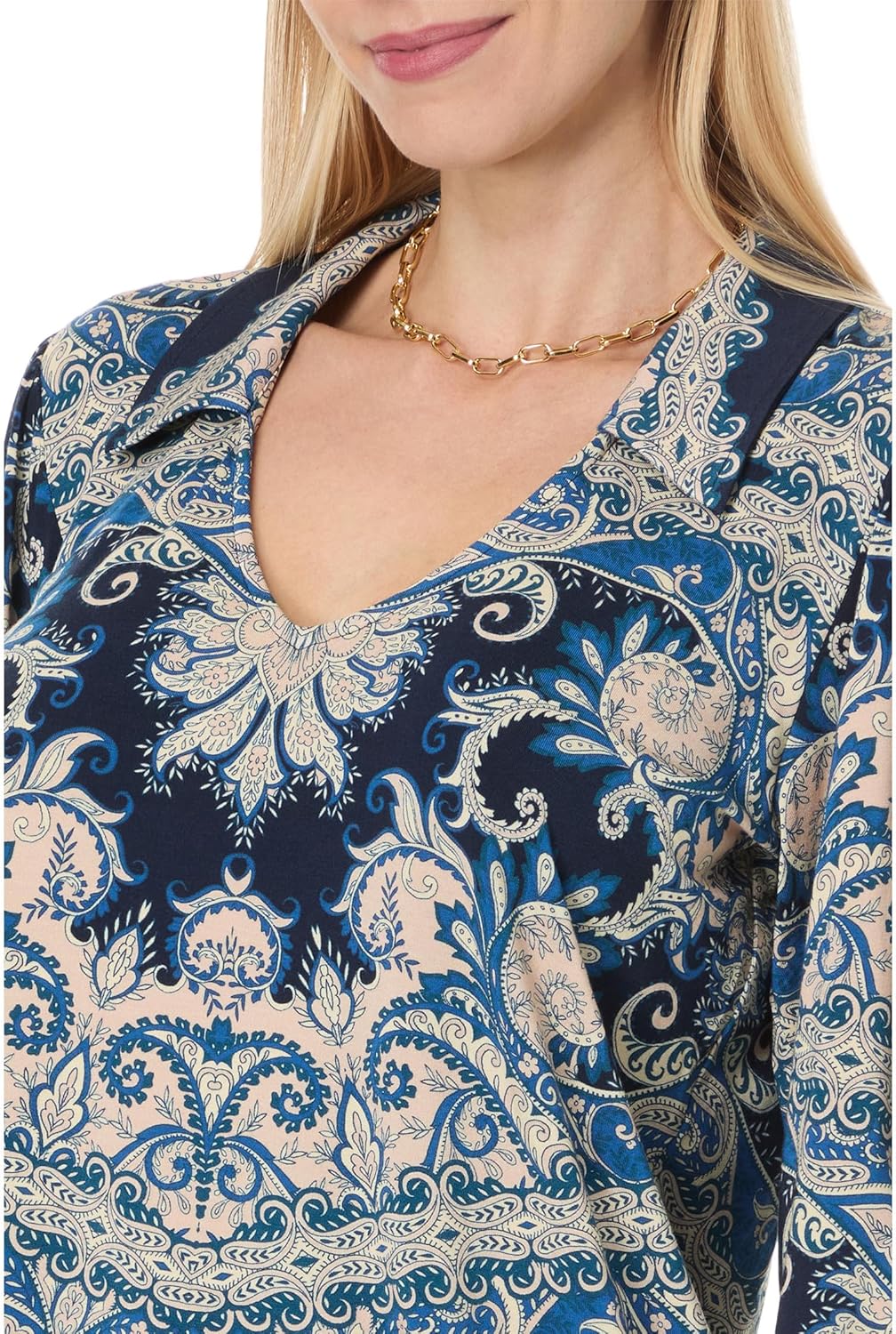 Johnny Was Women's The Janie Favorite Puff Sleeve Polo, Roman Paisey Scarf Print Top
