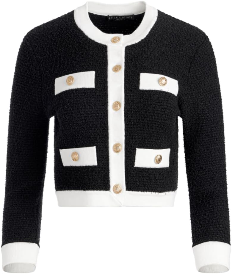alice + olivia Claira Cardigan, Black/Soft White Black Soft White
