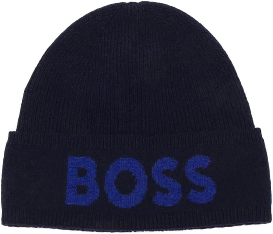 Hugo Boss Men's Elio Big Logo Beanie, Blue One Size Blue