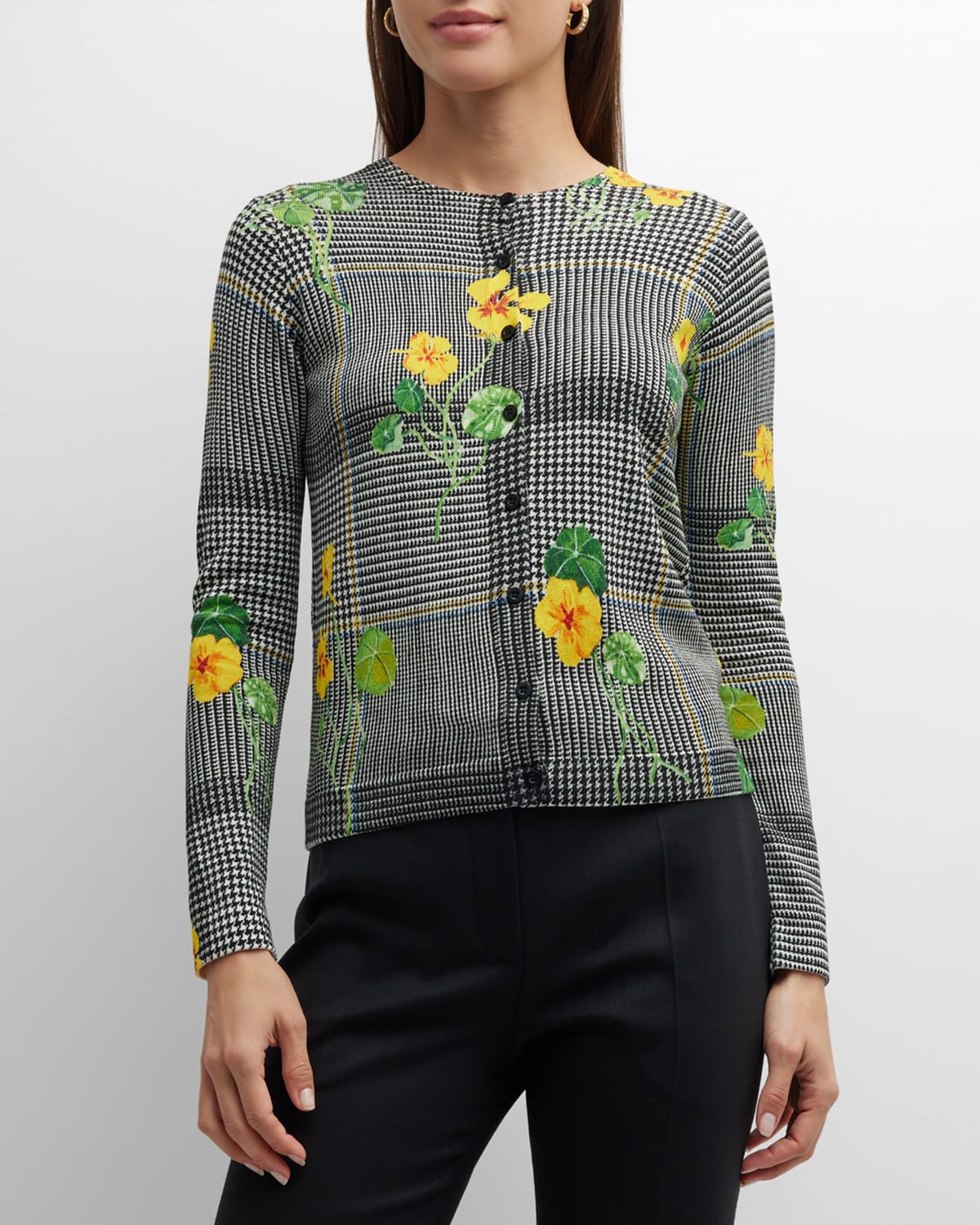 Oscar De La Renta Women's Nasturtium Floral Plaid Printed Cardigan In Ivory Multi M