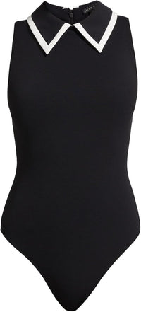 alice + olivia Rothy Sleeveless Collared Bodysuit, Black/Off-White Black Off-White