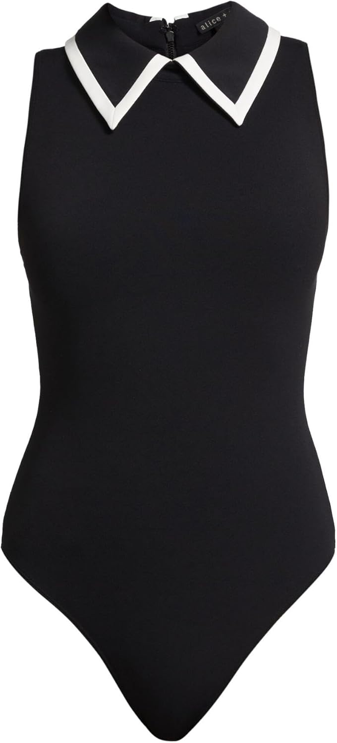 alice + olivia Rothy Sleeveless Collared Bodysuit, Black/Off-White Black Off-White