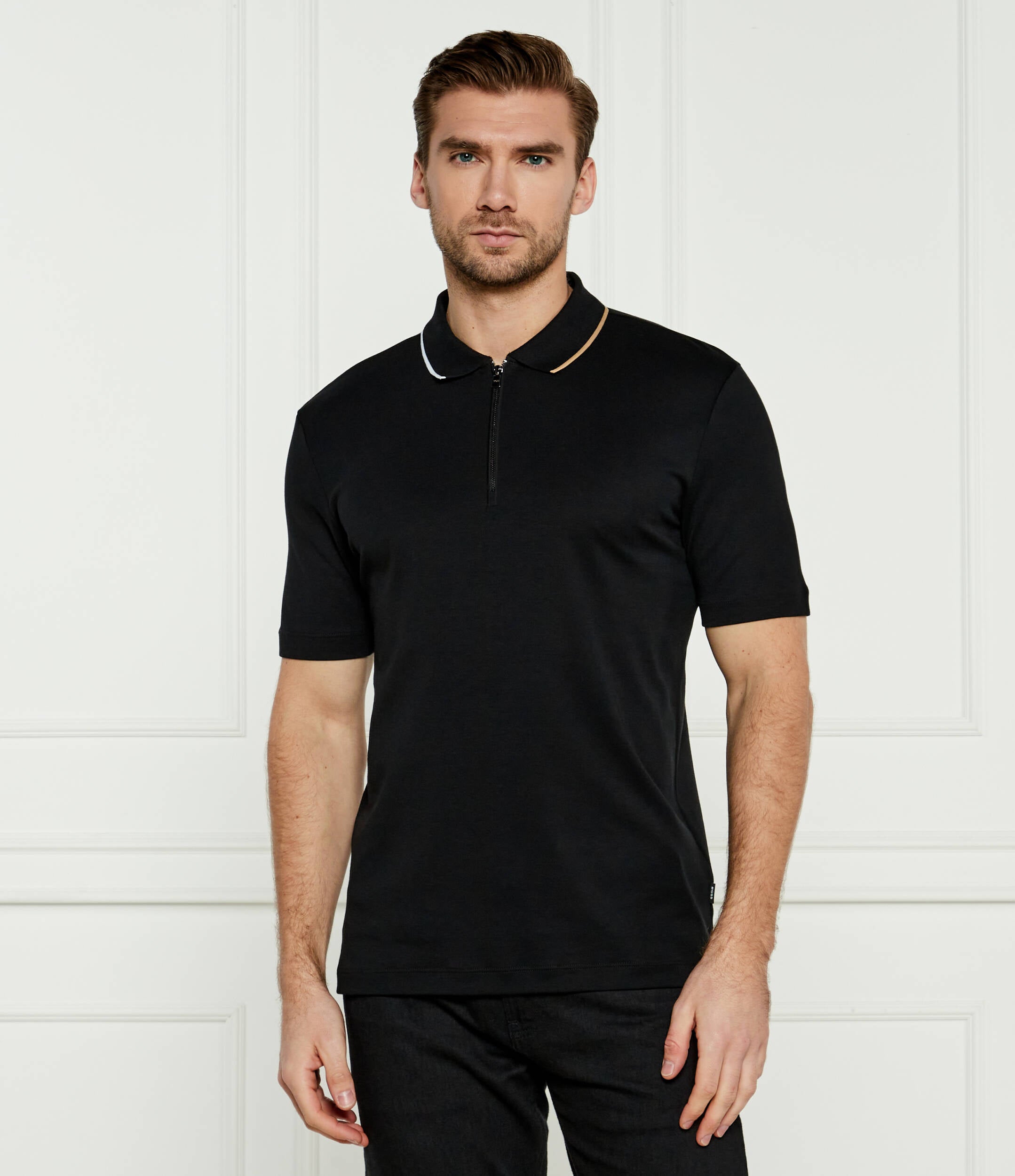 Hugo Boss Men's Paras 300 Short Sleeve Zipper Polo, Black
