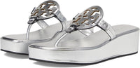 Tory Burch Women's Miller Metallic Leather 25mm Wedge Sandal, Silver Silver