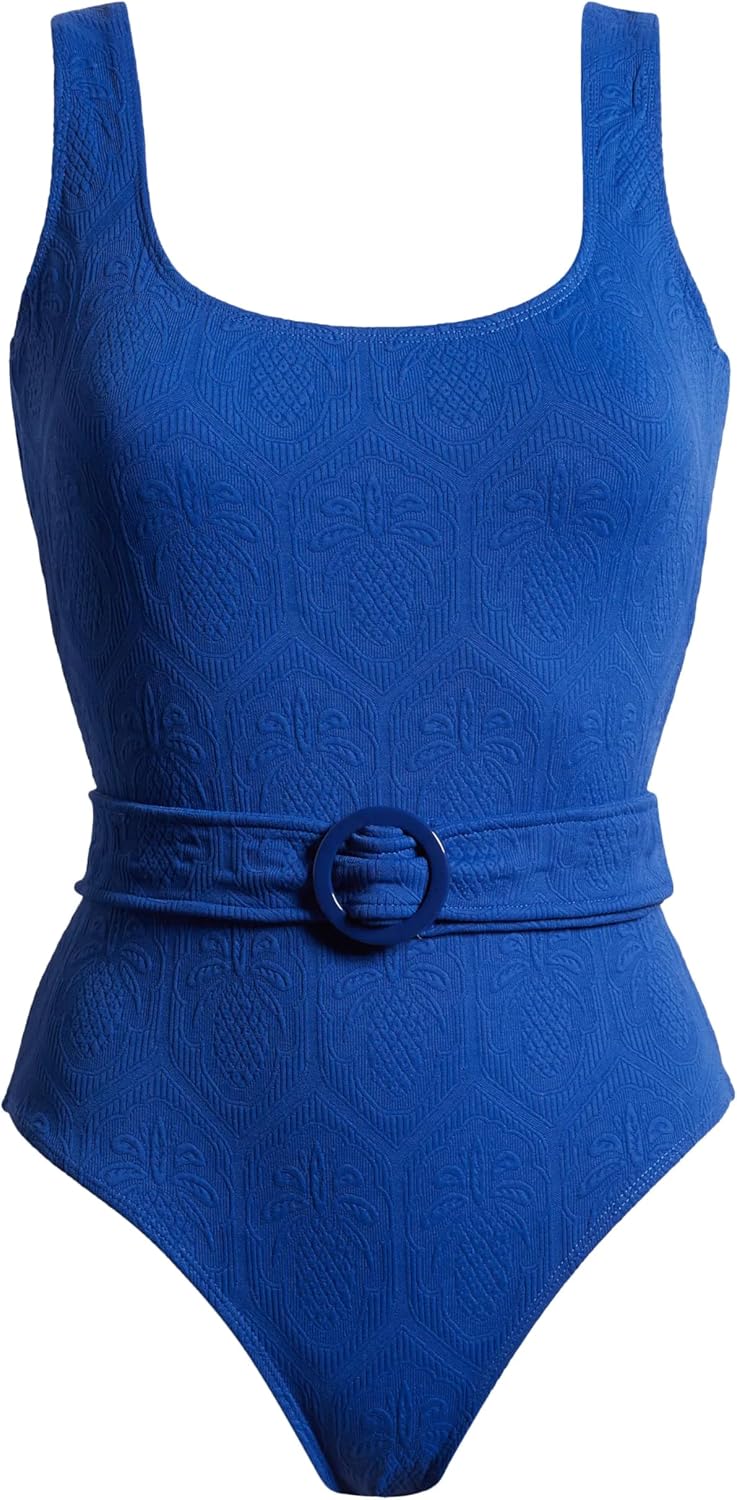 Farm Rio Women's One-Piece Swimsuit, Blue Pineapple Matelasse