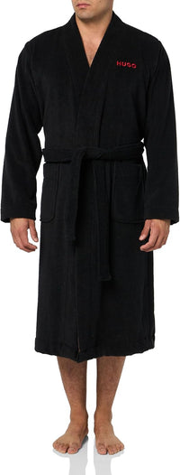 Hugo Men's Long Terry Robe with Embroidered Logo, Black Black