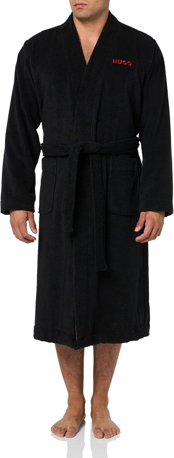 Hugo Men's Long Terry Robe with Embroidered Logo, Black Black