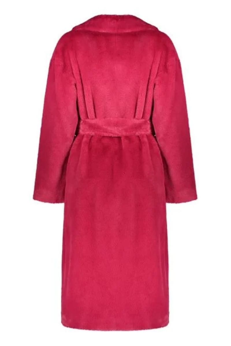 HernoWomen's Red Vegan Fur Lapel Collar Waist Belt Coat