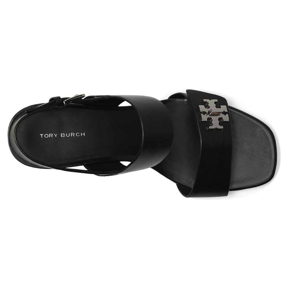Tory Burch Women's T Lock Heel Vachetta Leather Sandal, Perfect Black