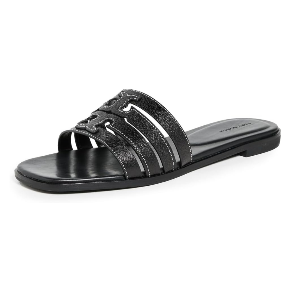 Tory Burch Women's INES Tumbled Leather Cage Slide, Perfect Black/Perfect Black