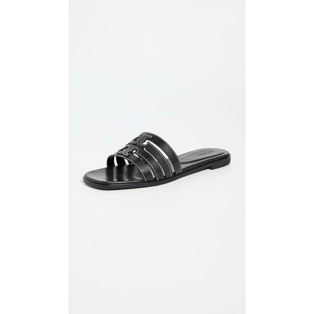 Tory Burch Women's INES Tumbled Leather Cage Slide, Perfect Black/Perfect Black