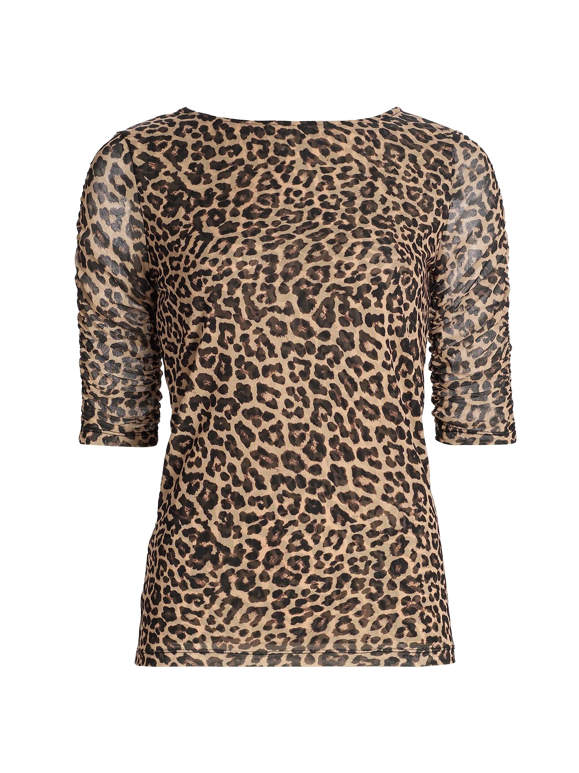 Johnny Was Women's Ruched Sleeve Mesh Top, Chestnut Leopard