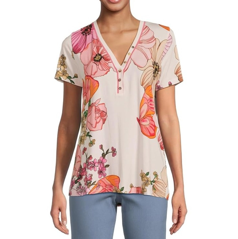 Johnny Was Women's The Janie Favorite Short Sleeve Henley Tee, Rosabelia