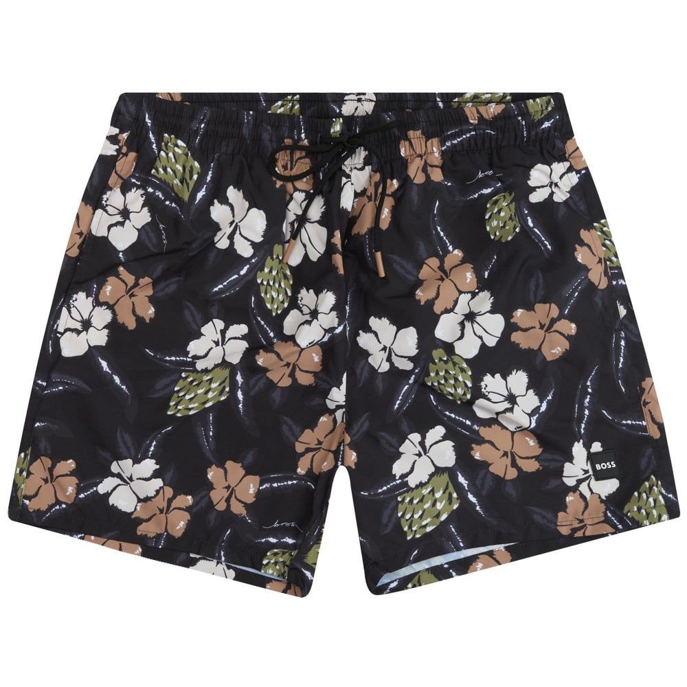 Hugo Boss Men's Pirahna Floral Print Swim Trunks, Black