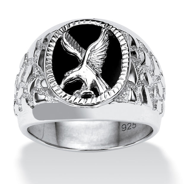 PalmBeach Jewelry Men's Sterling Silver Oval Shaped Natural Black Onyx Eagle Ring Sizes 8-13