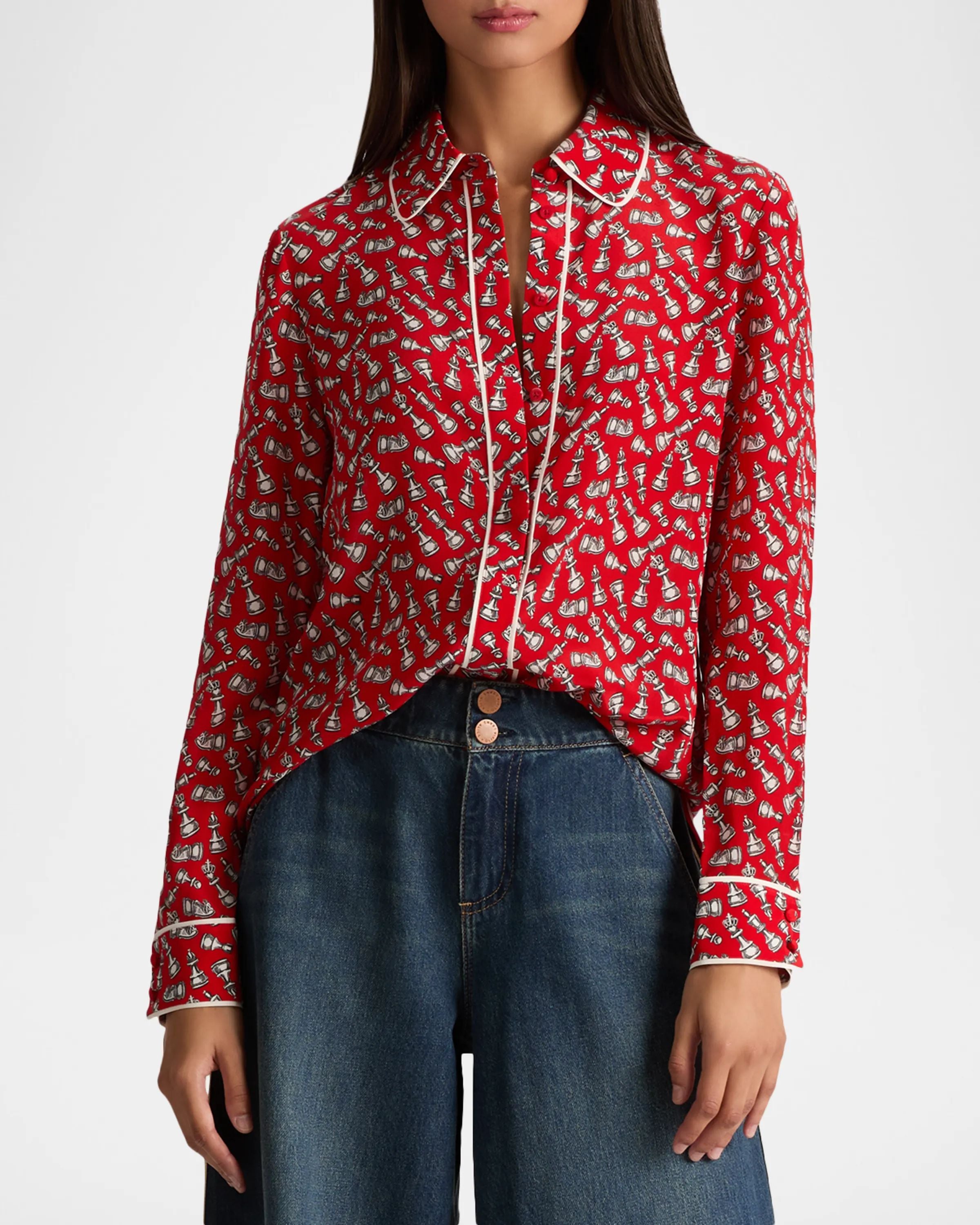 alice + olivia Willa Placket Top w/ Piping Detail, Queening
