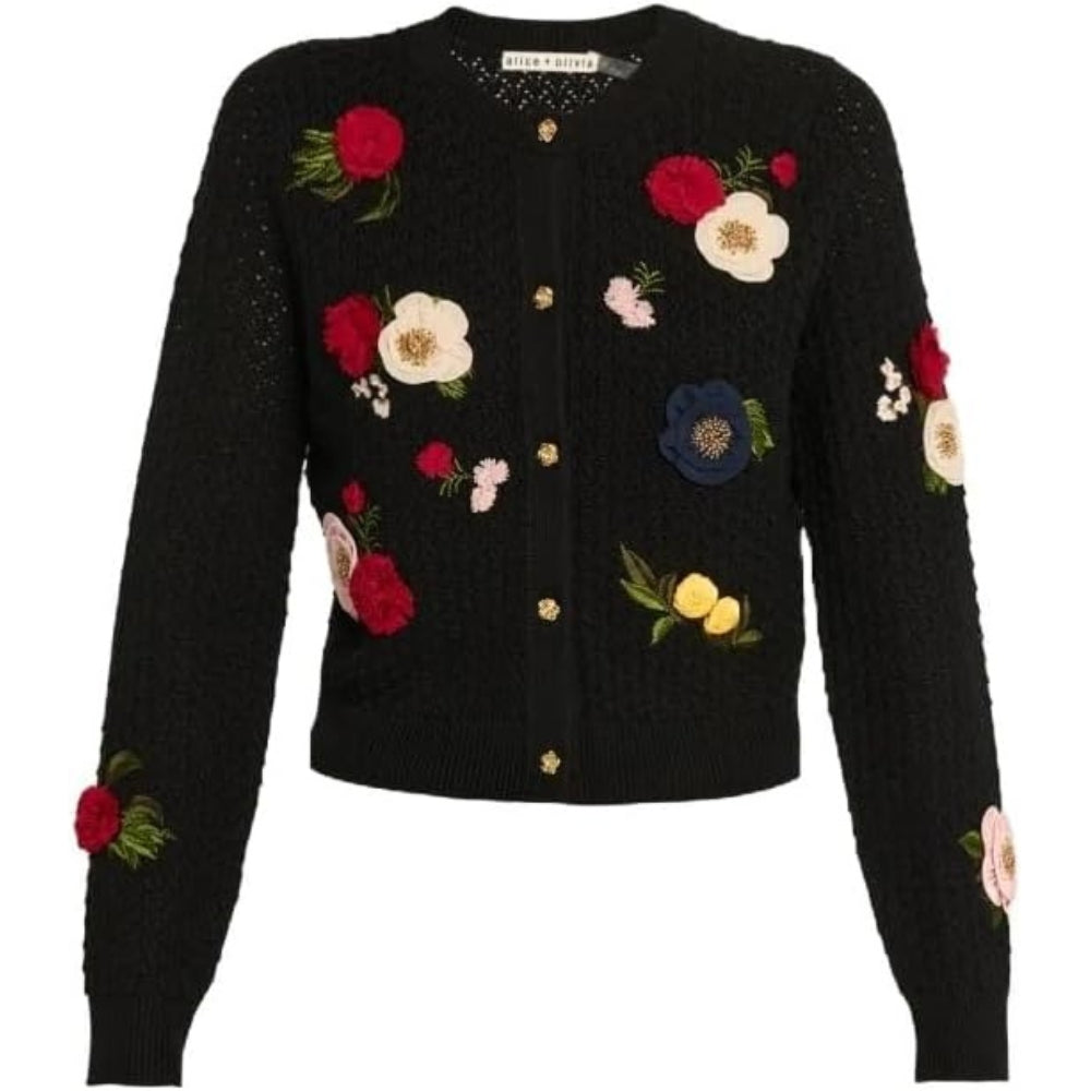 alice + olivia Dollia Floral Wool Cardigan, Black Multi