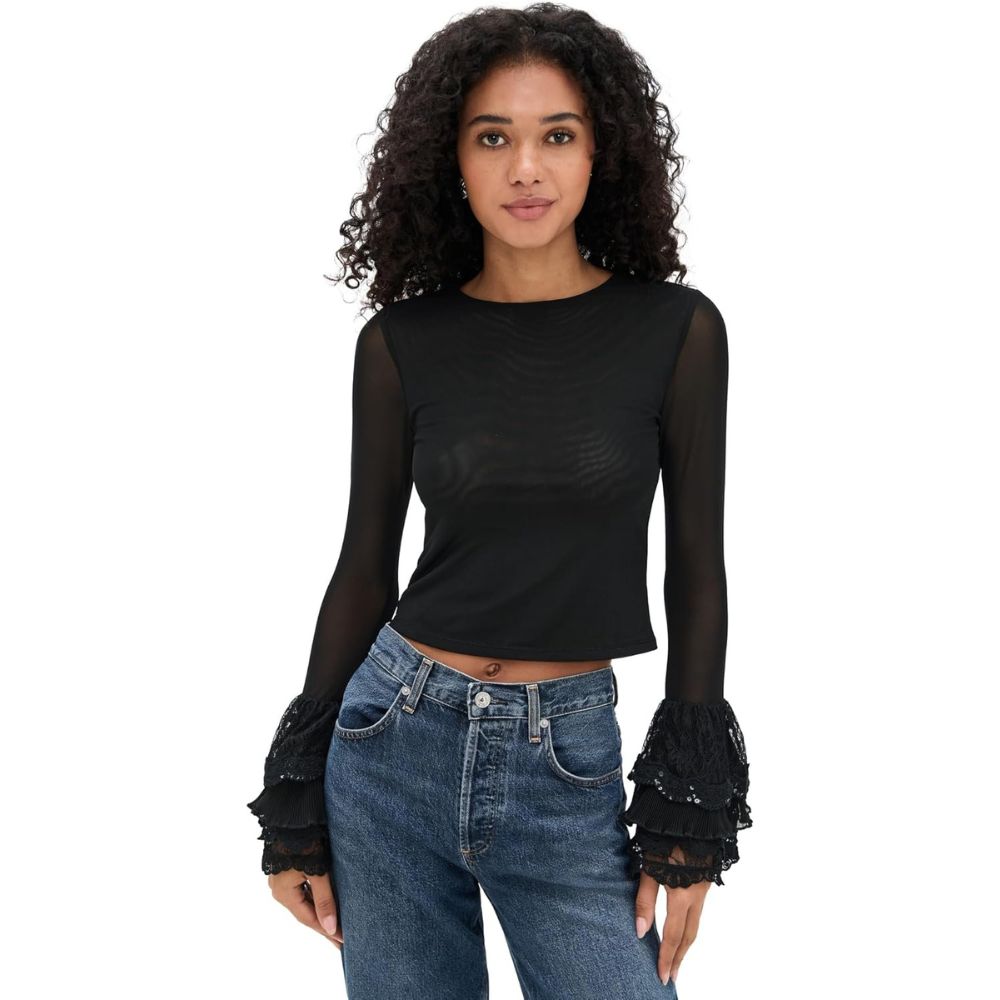alice + olivia Delaina Long Sleeve Crop Top, Black