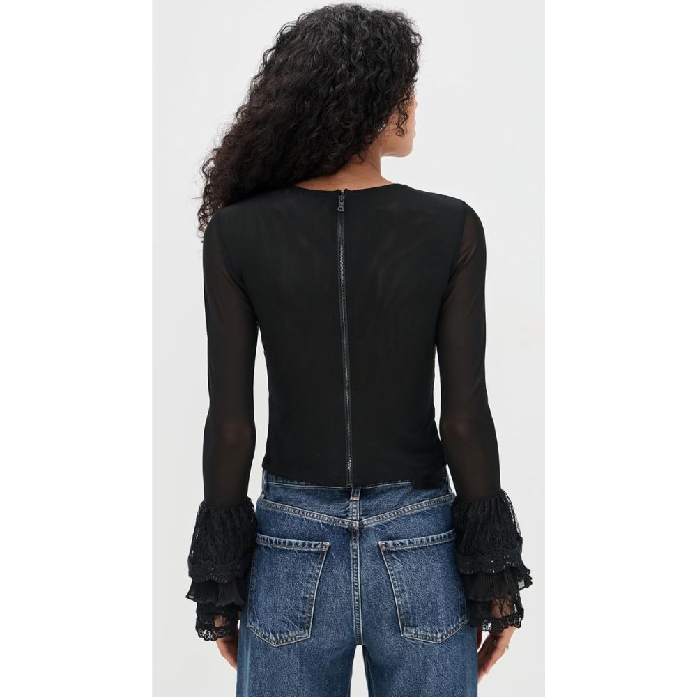 alice + olivia Delaina Long Sleeve Crop Top, Black