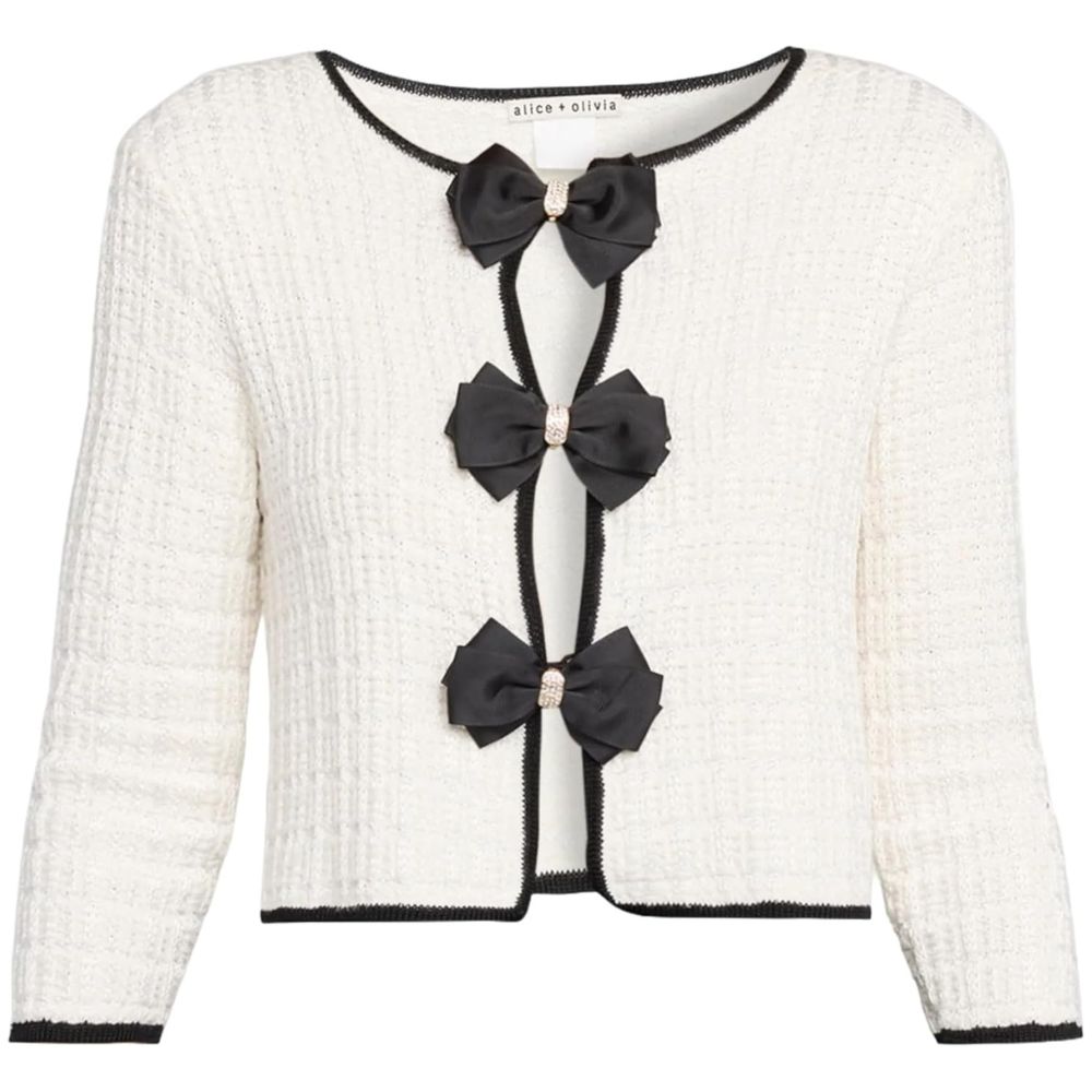 alice + olivia Akira Bow Knit Cardigan, Soft White/Black
