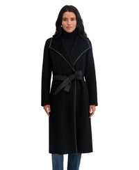 TAHARI Women's Double Faced Faux Leather Trimmed Long Wool-Blend Coat