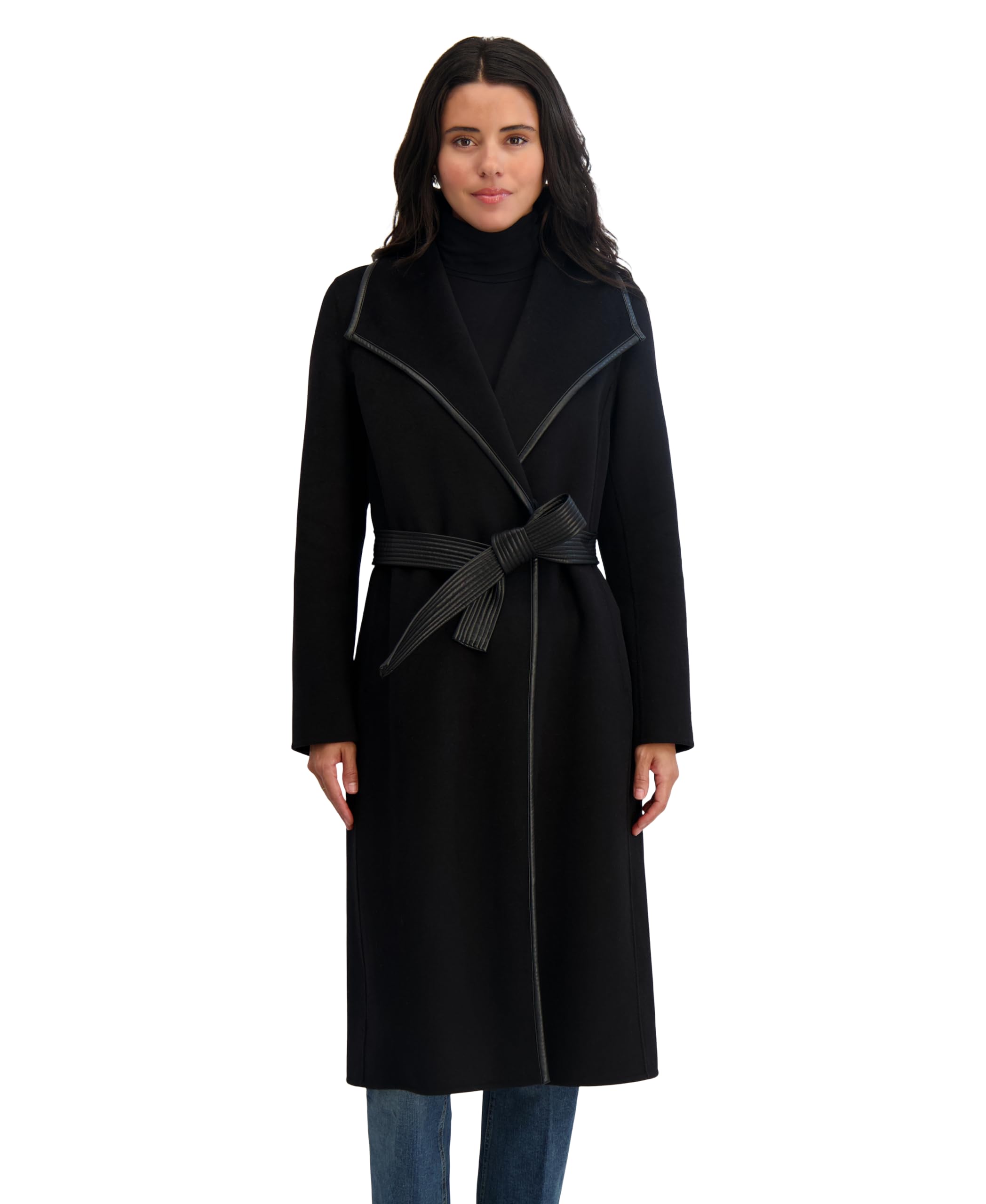 TAHARI Women's Double Faced Faux Leather Trimmed Long Wool-Blend Coat